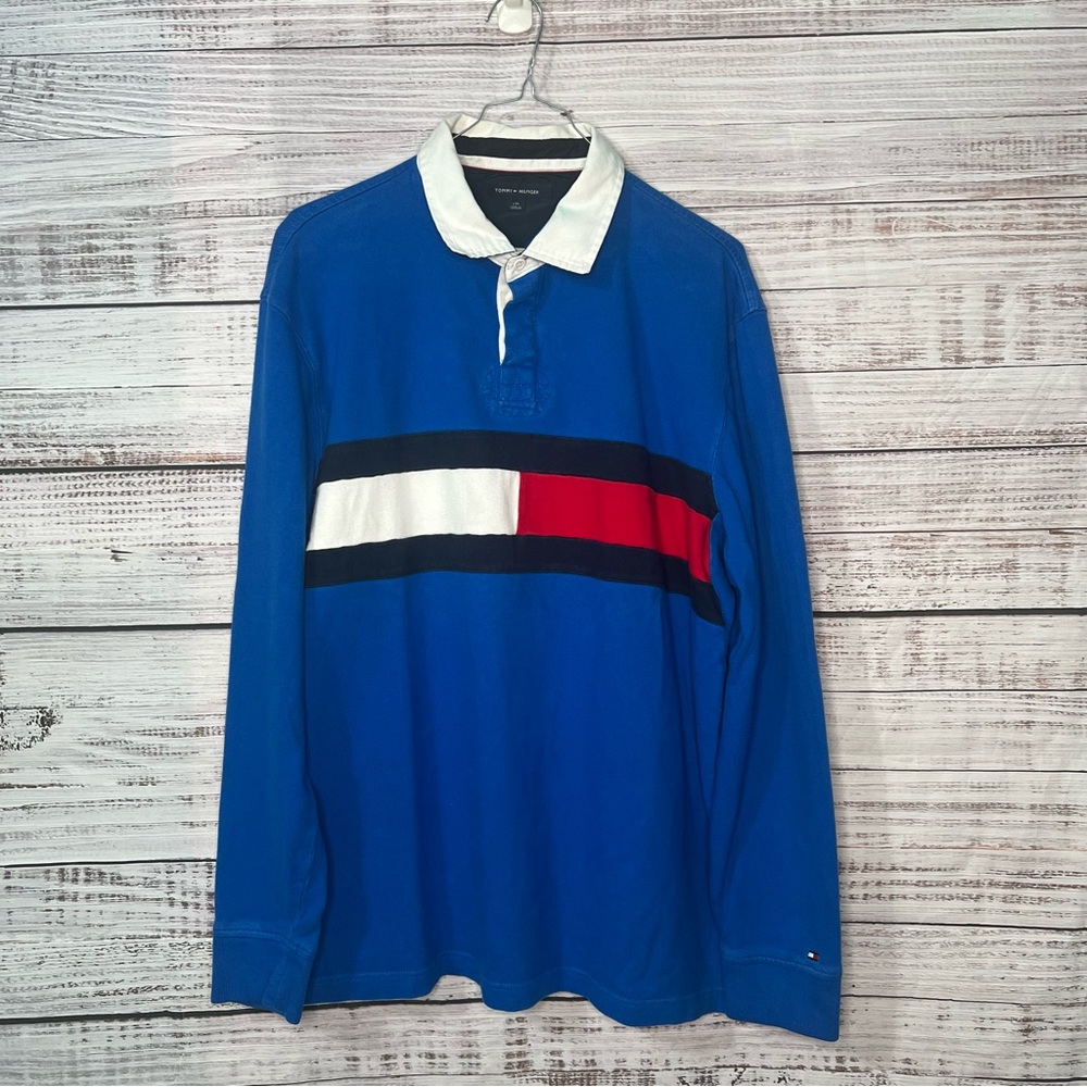 90s Y2K Tommy Hilfiger Large Logo Colorblock Flag Polo Long Sleeve Rugby